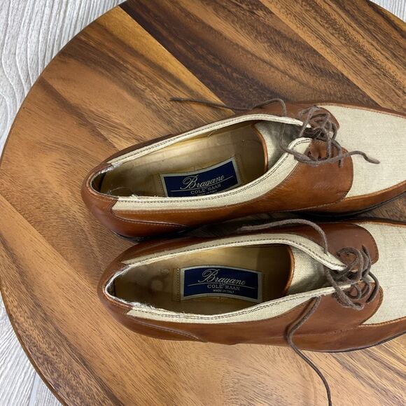 Bragano Cole Haan Oxford Dress Shoes Men’s 9.5D Brown Leather Beige Canvas Made main image 6